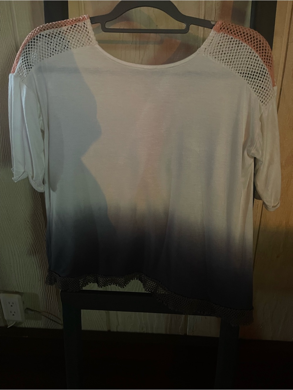 BKE White-to-Black Ombre Short Sleeve Top with Pink Mesh Shoulders